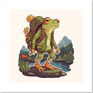 Frog traveler hiking with backpack Posters and Art